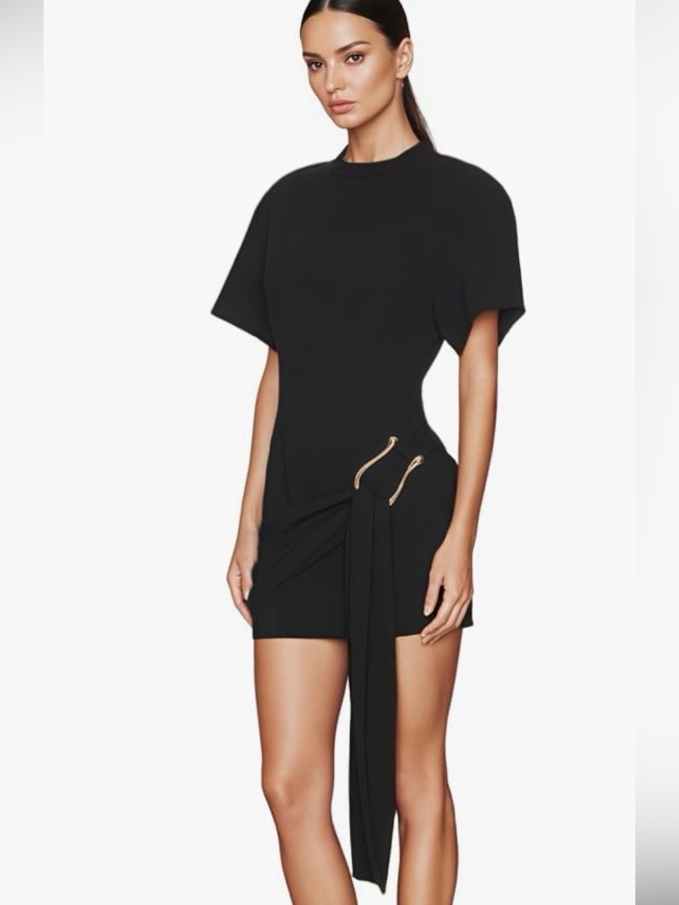 Black Short Sleeve Mini Dress With Side Drape And Gold Hardware